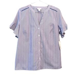 NEW LIZ CLAIBORNE Cotton Blouse Top LG V-Neck Short Flutter Sleeves Blue Crochet